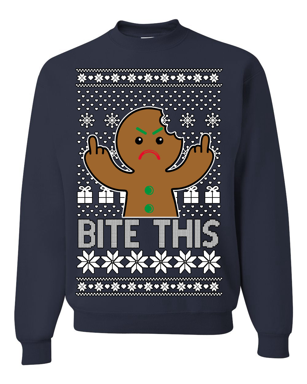 Bite This Funny Gingerbread Cookie Middle Finger Ugly Christmas Sweater Crewneck Sweatshirt