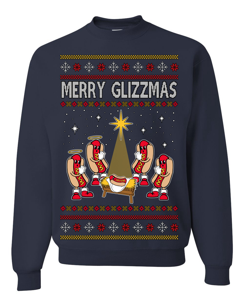Merry Glizzmas, Funny Glizzy Hot Dog Baby Jesus Catholic Nativity, Fast Food Mustard Condiment Glizzys Humor Ugly Christmas Sweater Crewneck Sweatshirt