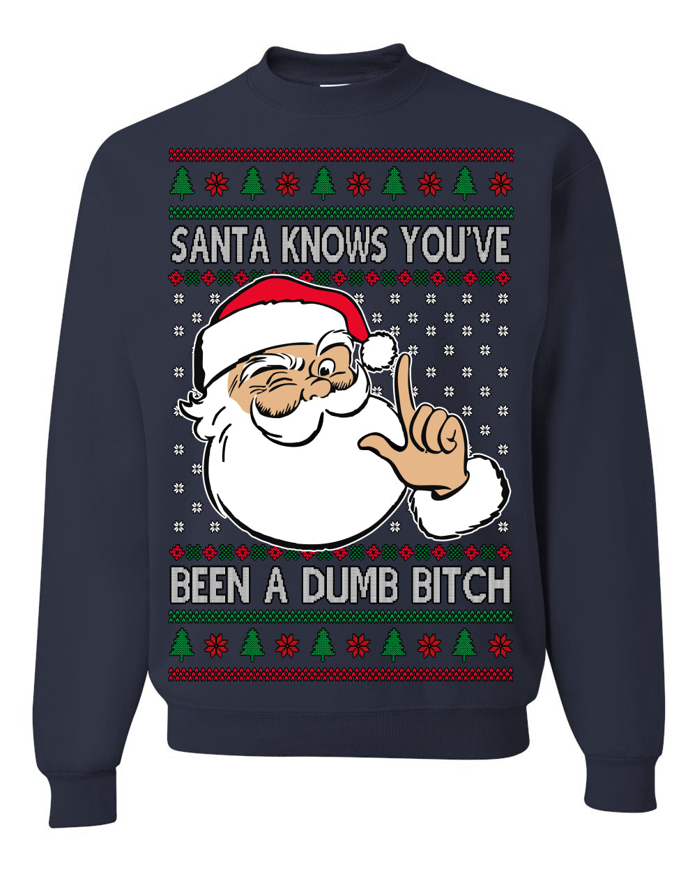 Santa Knows You've Been a Dumb Bitch Funny Vulgar Dirty Ugly Christmas Sweater Crewneck Sweatshirt