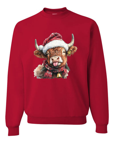 Cute Fluffy Christmas Cow with Santa Hat, Cute Christmas Design, Unisex Christmas Sweater, Crewneck Sweatshirts