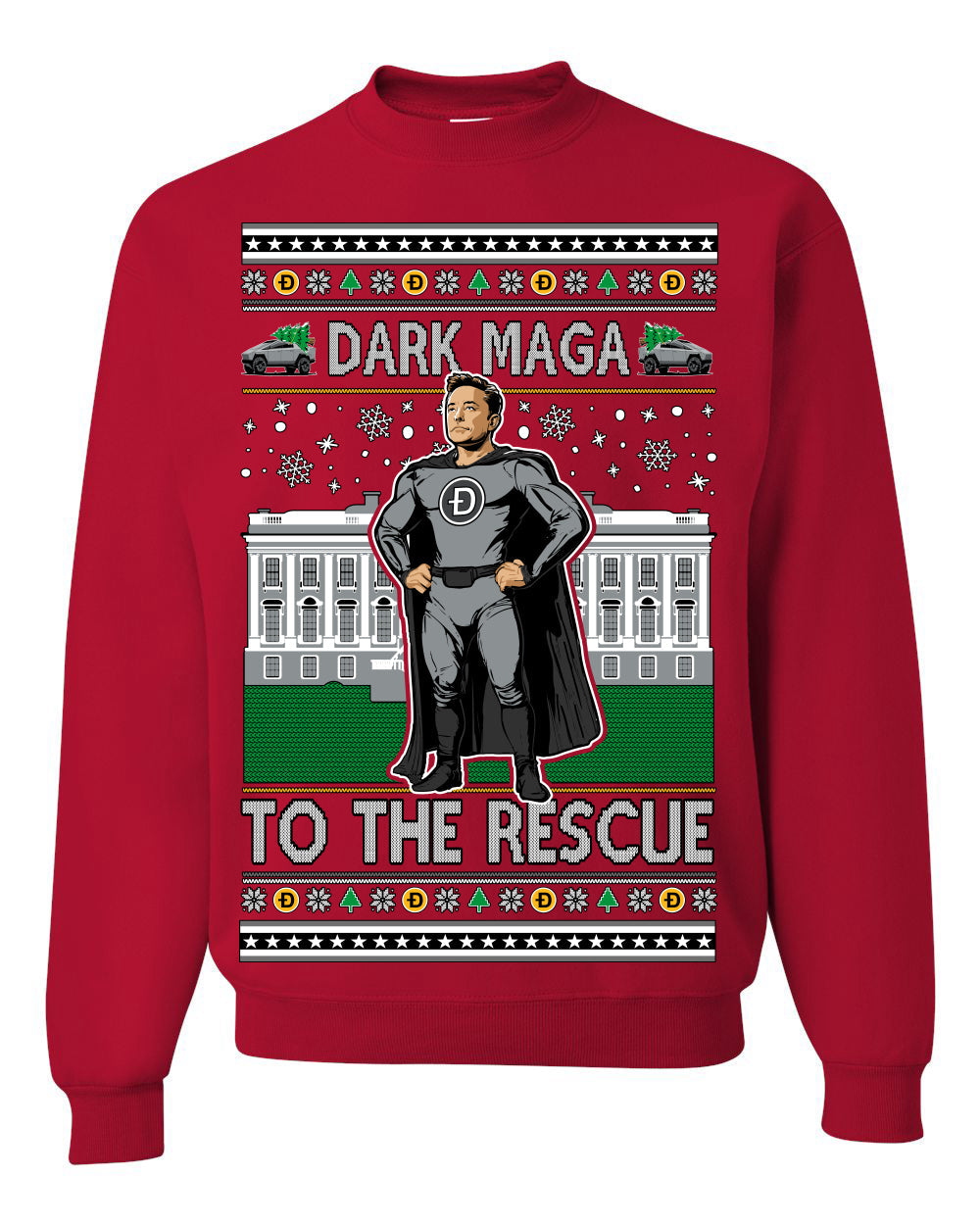 Dark MAGA to the Rescue Elon Superhero Doge Crypto Ugly Christmas Sweater Crewneck Sweatshirt