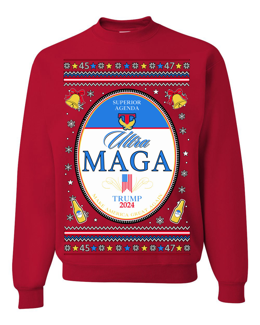 Ultra MAGA Superior Agenda Trump 2024 Funny Beer Logo Ugly Christmas Sweater Crewneck Sweatshirt
