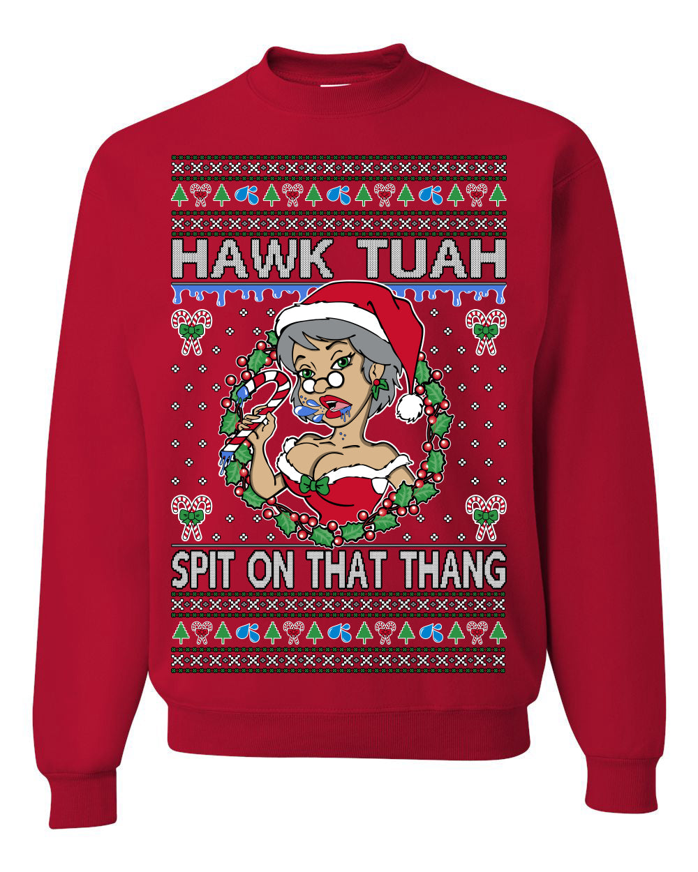 Hawk Tuah Spit On That Thang Mrs Claus Funny Meme Ugly Christmas Sweater