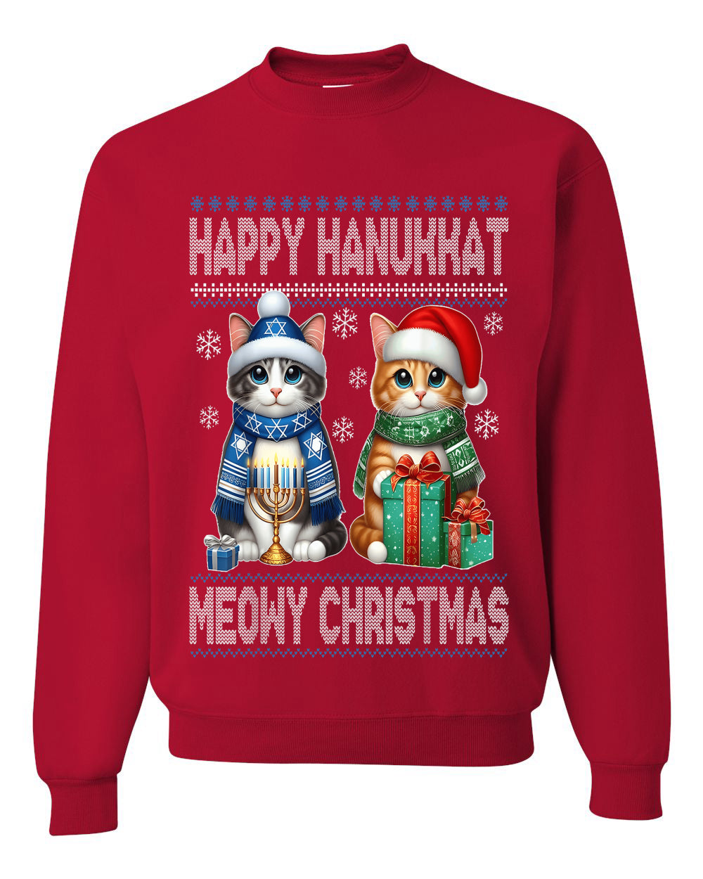 Happy Hanukkat Meowy Christmas, Unisex Ugly Christmas Sweater, Crewneck Sweatshirts