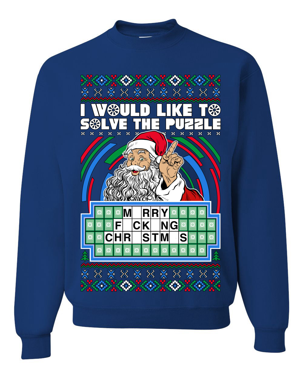 Santa Game Show I'd Like To Solve the Puzzle Wheel Ugly Christmas Sweater Unisex Crewneck Sweatshirt
