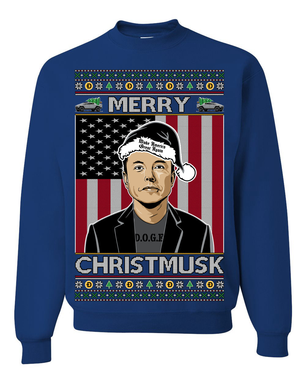 Merry Christmusk Funny Dark MAGA Santa Elon Doge Meme Ugly Christmas Sweater Crewneck Sweatshirts