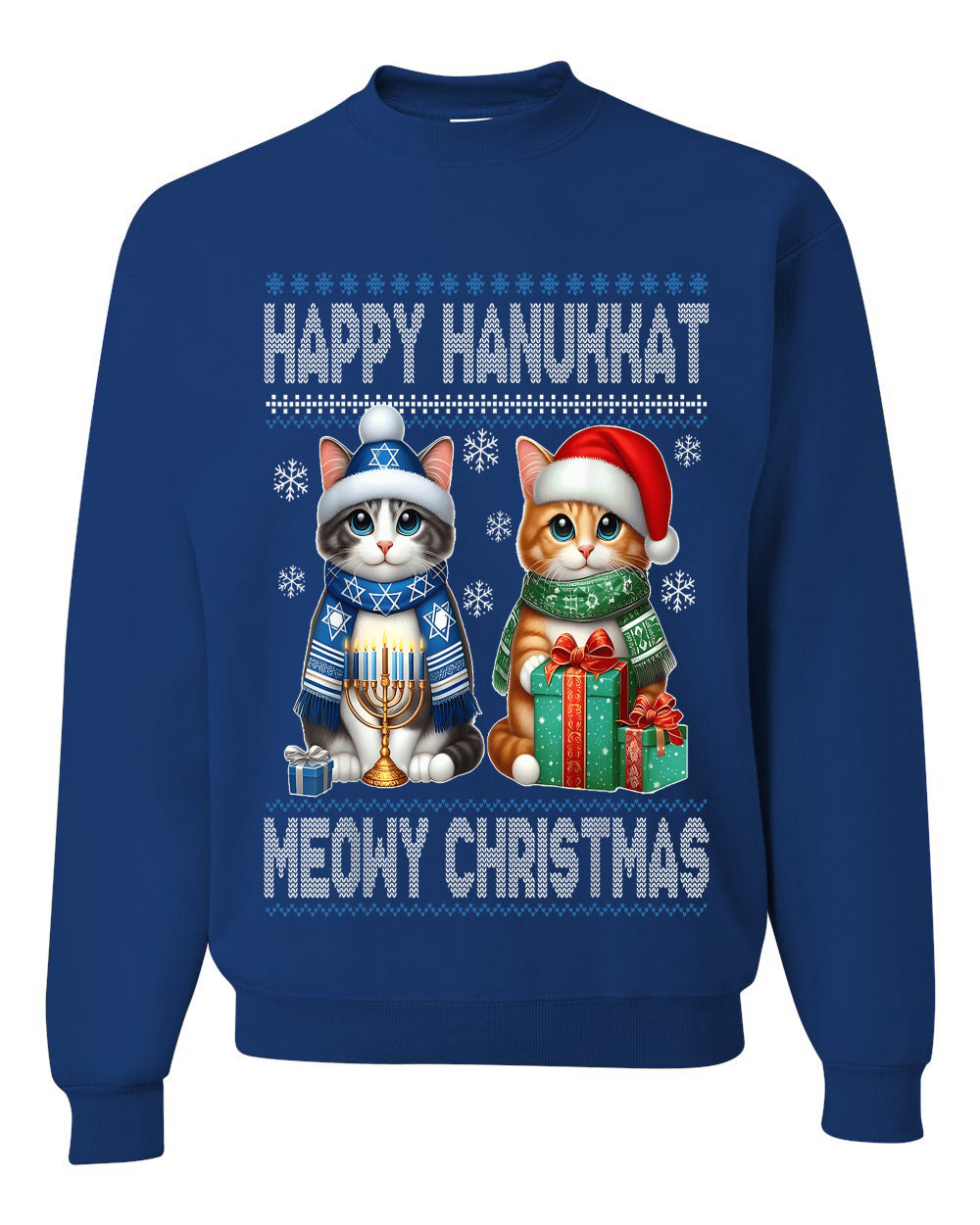 Happy Hanukkat Meowy Christmas, Unisex Ugly Christmas Sweater, Crewneck Sweatshirts