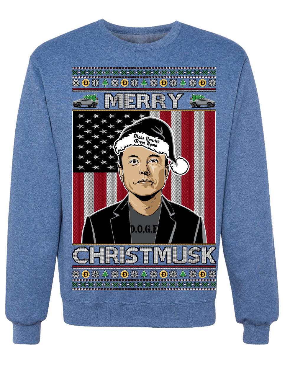 Merry Christmusk Funny Dark MAGA Santa Elon Doge Meme Ugly Christmas Sweater Crewneck Sweatshirts