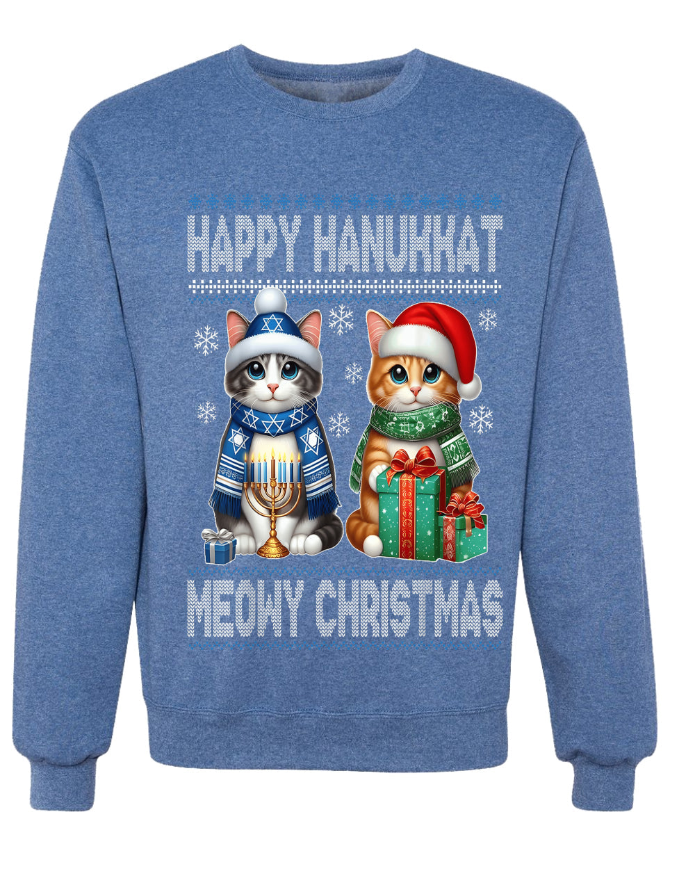 Happy Hanukkat Meowy Christmas, Unisex Ugly Christmas Sweater, Crewneck Sweatshirts