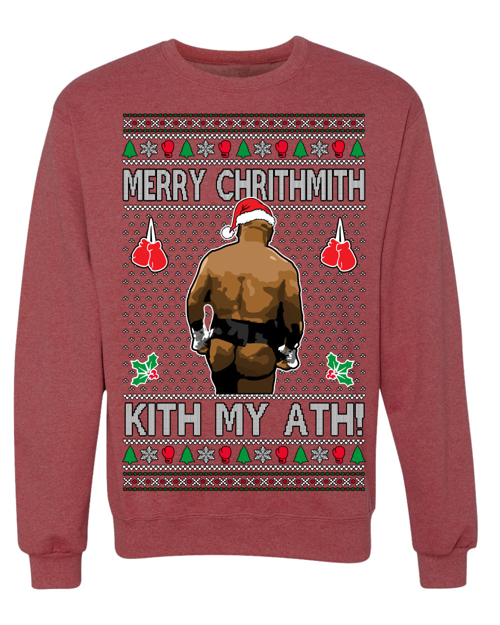 Merry Chrithmith Kith My Ath, Butt Viral Kiss My Ass Boxing Fight Meme, Funny Ugly Christmas Sweater Crewneck Sweatshirt