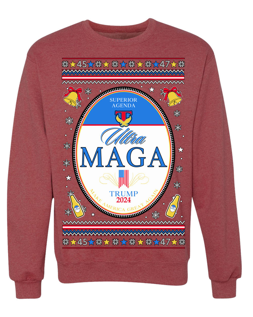 Ultra MAGA Superior Agenda Trump 2024 Funny Beer Logo Ugly Christmas Sweater Crewneck Sweatshirt