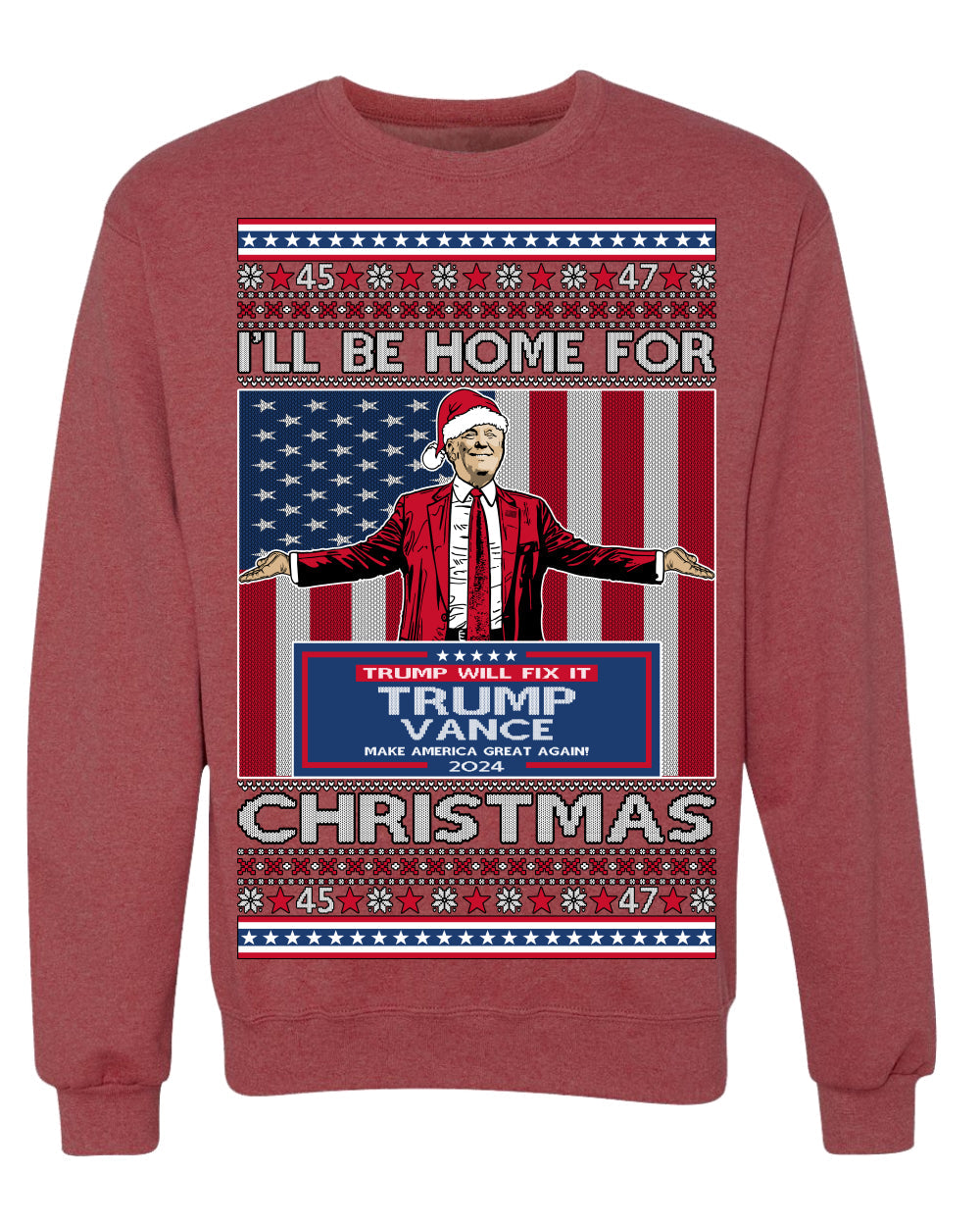 I'll Be Home for Christmas USA Trump 2024, MAGA Make America Great Again Santa Speech Ugly Christmas Sweater Sweaters Crewneck Sweatshirts