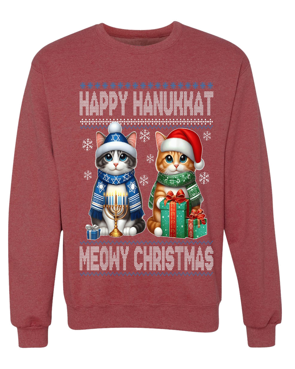 Happy Hanukkat Meowy Christmas, Unisex Ugly Christmas Sweater, Crewneck Sweatshirts