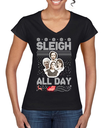 AOC The Squad Congresswomen Sleigh All Day Xmas Ugly Christmas Sweater Women’s Standard V-Neck Tee