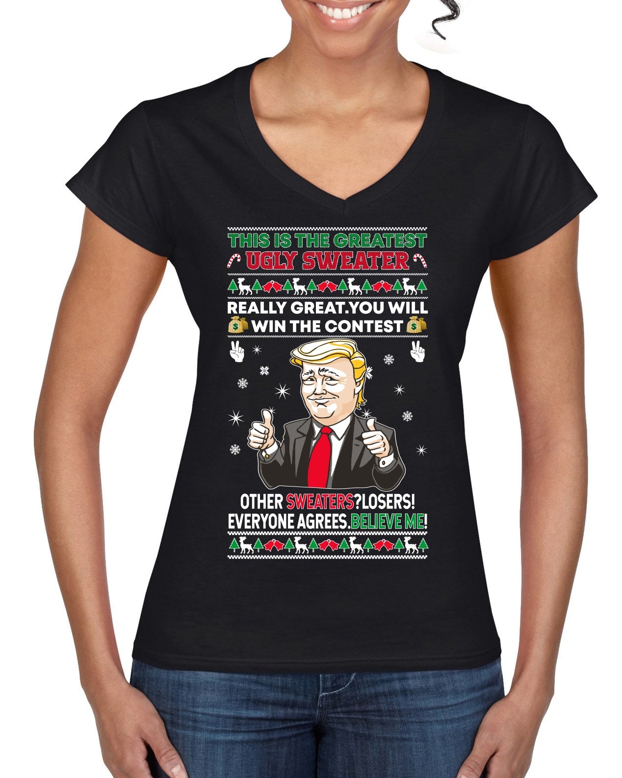 Trump This is the Greatest Ugly Christmas Sweater Women’s Standard V-Neck Tee