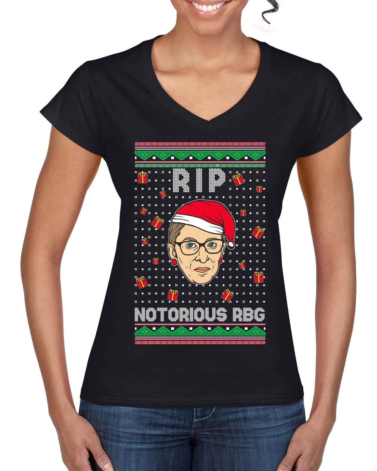 RIP Notorious RBG Ruth Bader Ginsburg Ugly Christmas Sweater Women’s Standard V-Neck Tee