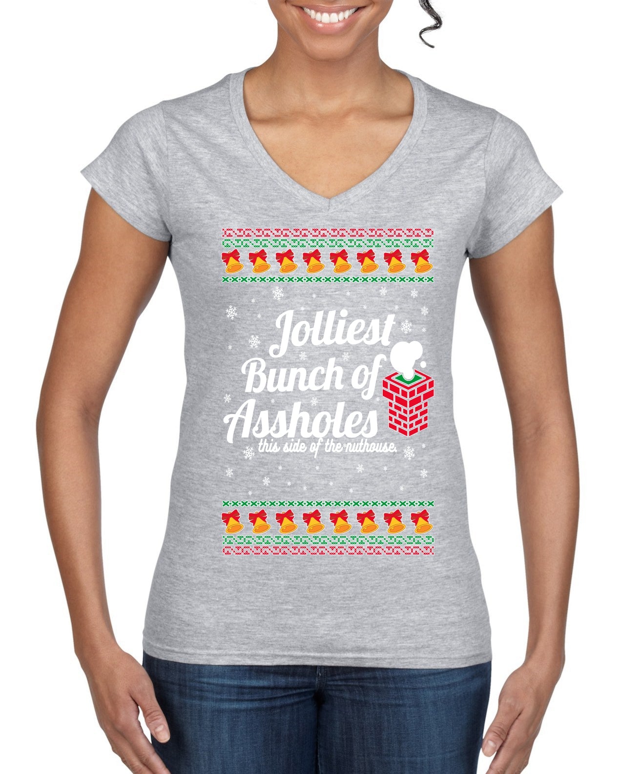 Jolliest Bunch of Assholes Xmas Movie Ugly Christmas Sweater Women’s Standard V-Neck Tee