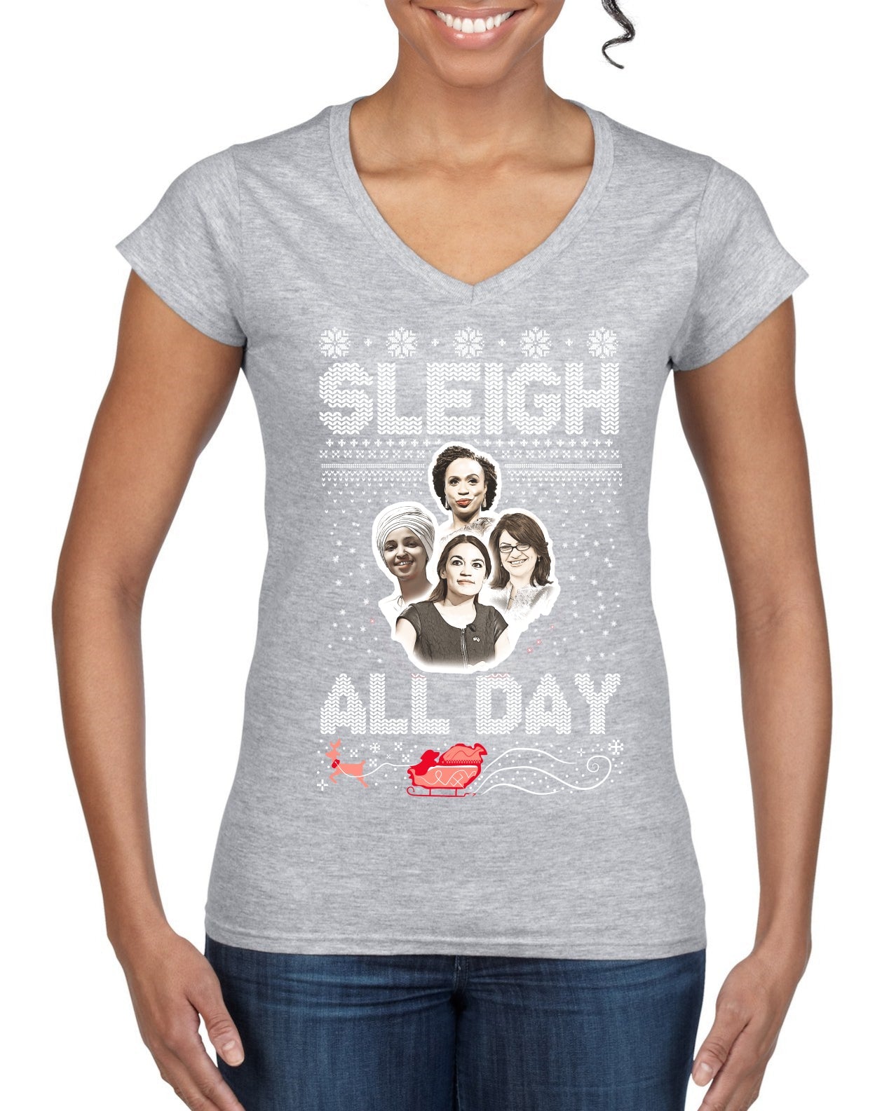 AOC The Squad Congresswomen Sleigh All Day Xmas Ugly Christmas Sweater Women’s Standard V-Neck Tee