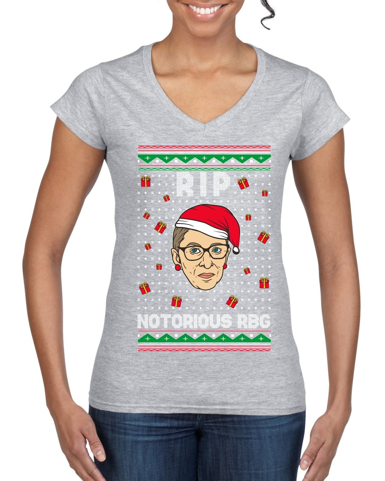 RIP Notorious RBG Ruth Bader Ginsburg Ugly Christmas Sweater Women’s Standard V-Neck Tee