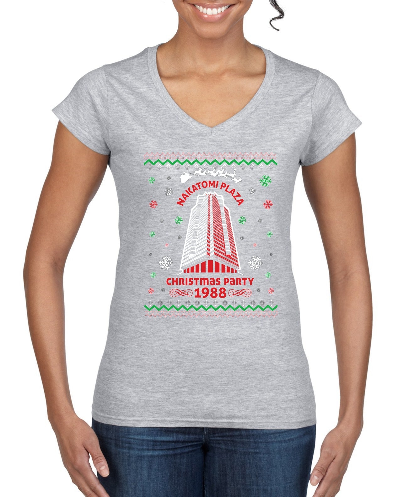 Nakatomi Plaza Christmas Party 1988 Ugly Christmas Sweater Women’s Standard V-Neck Tee