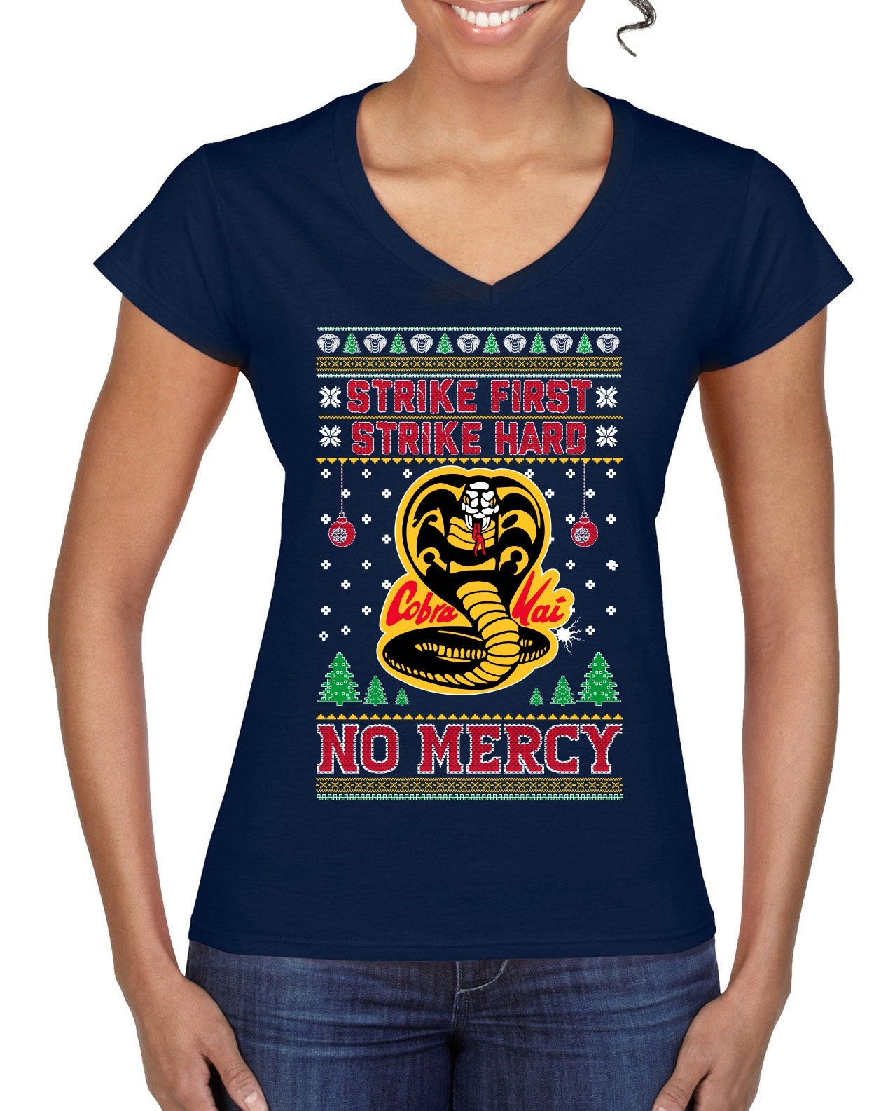 Strike First Strike Hard No Mercy Xmas Ugly Christmas Sweater Women’s Standard V-Neck Tee