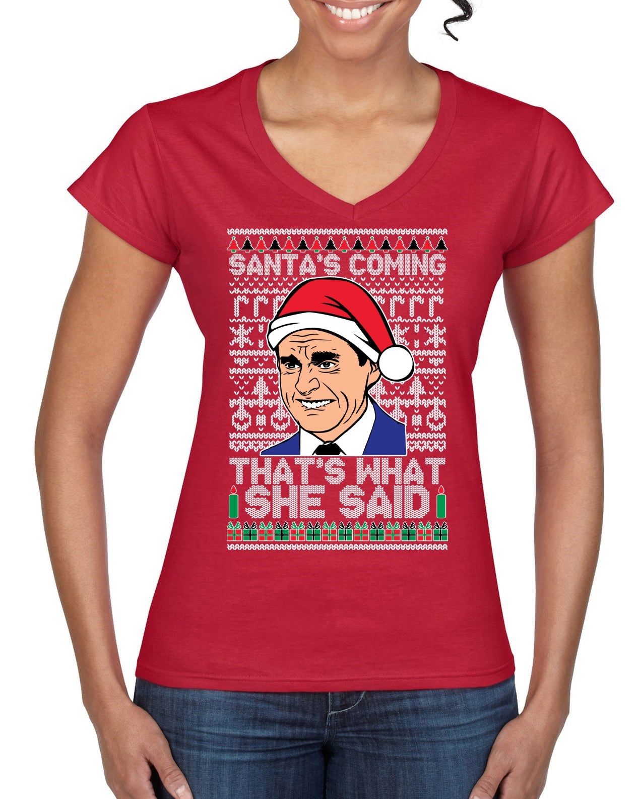 Santas Coming That's What She Said Michael Scott Ugly Christmas Sweater Women’s Standard V-Neck Tee
