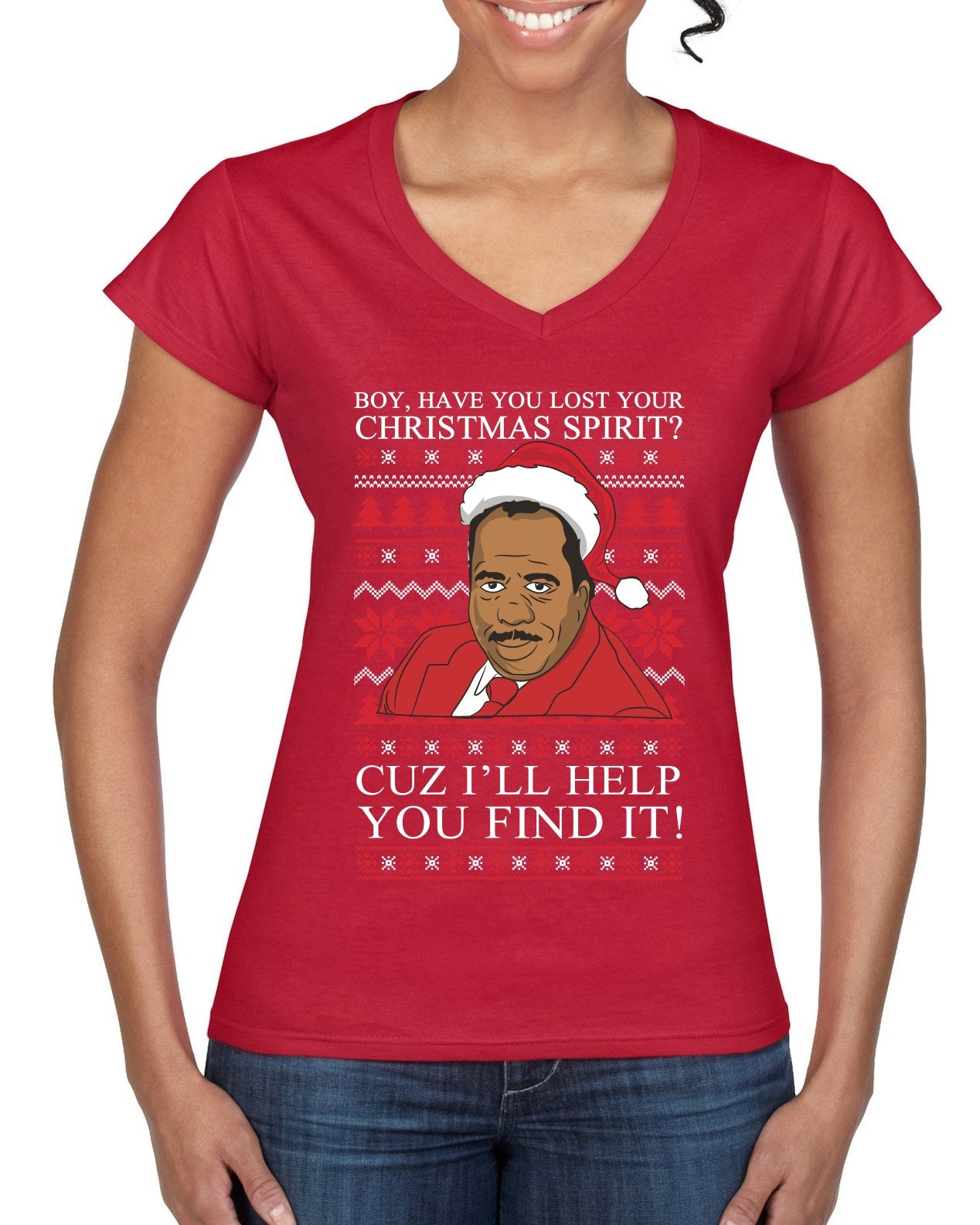 Christmas Spirit I'll Help You Find It Stanley Hudson Ugly Christmas Sweater Women’s Standard V-Neck Tee
