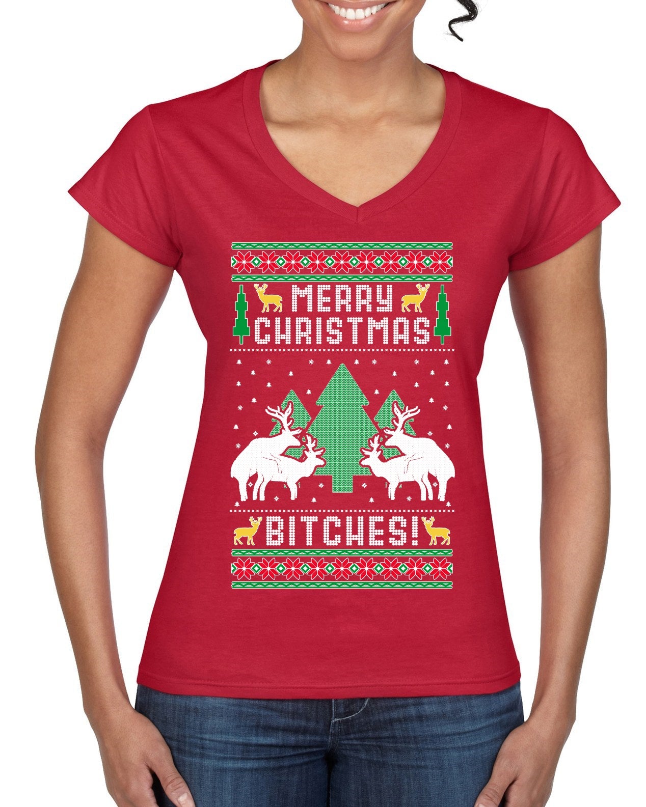 Merry Christmas Bitches Ugly Christmas Sweater Women’s Standard V-Neck Tee
