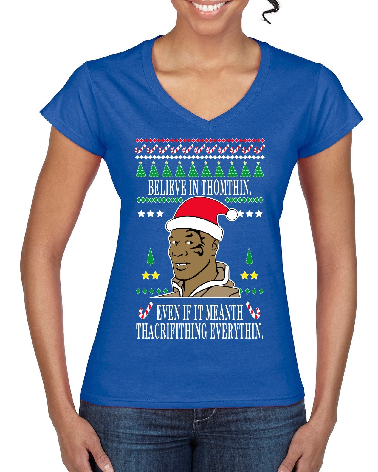 Lisp Believe In Thomthin Thacrifithing Everythin Ugly Christmas Sweater Women’s Standard V-Neck Tee