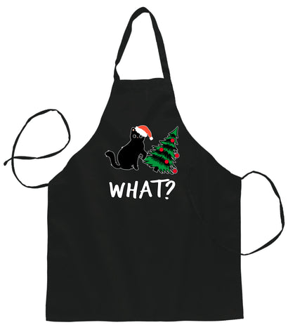 What? Funny Guilty Santa Cat Christmas Tree Ugly Christmas Sweater Ugly Christmas Butcher Graphic Apron for Kitchen BBQ Grilling Cooking
