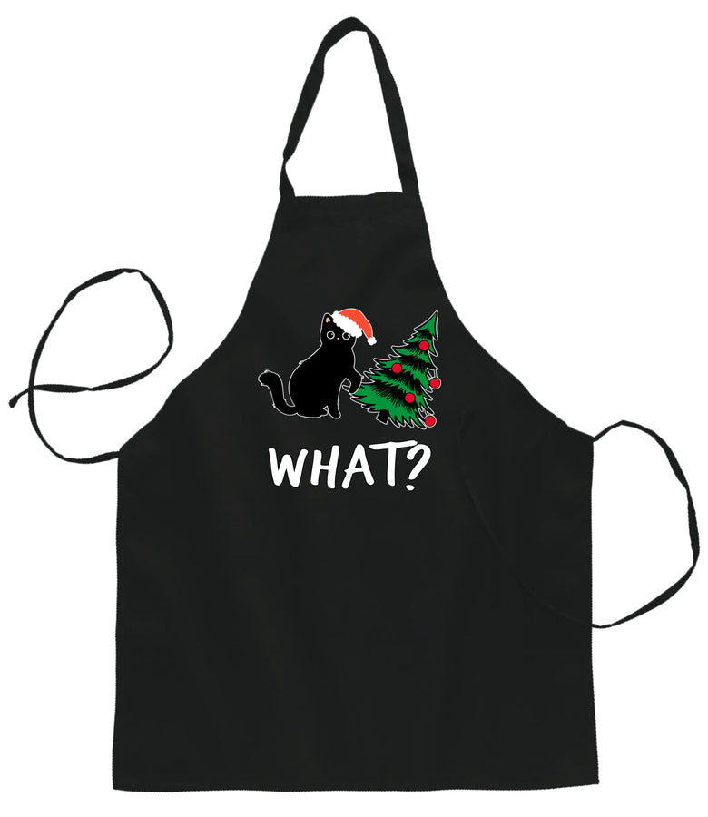 What? Funny Guilty Santa Cat Christmas Tree Ugly Christmas Sweater Ugly Christmas Butcher Graphic Apron for Kitchen BBQ Grilling Cooking