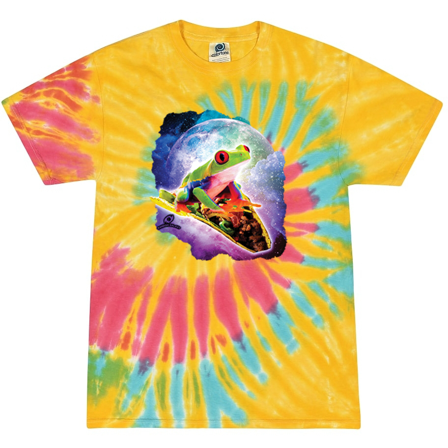 Cosmic Red Tree Frog Riding Taco Tie-Dye T-Shirt