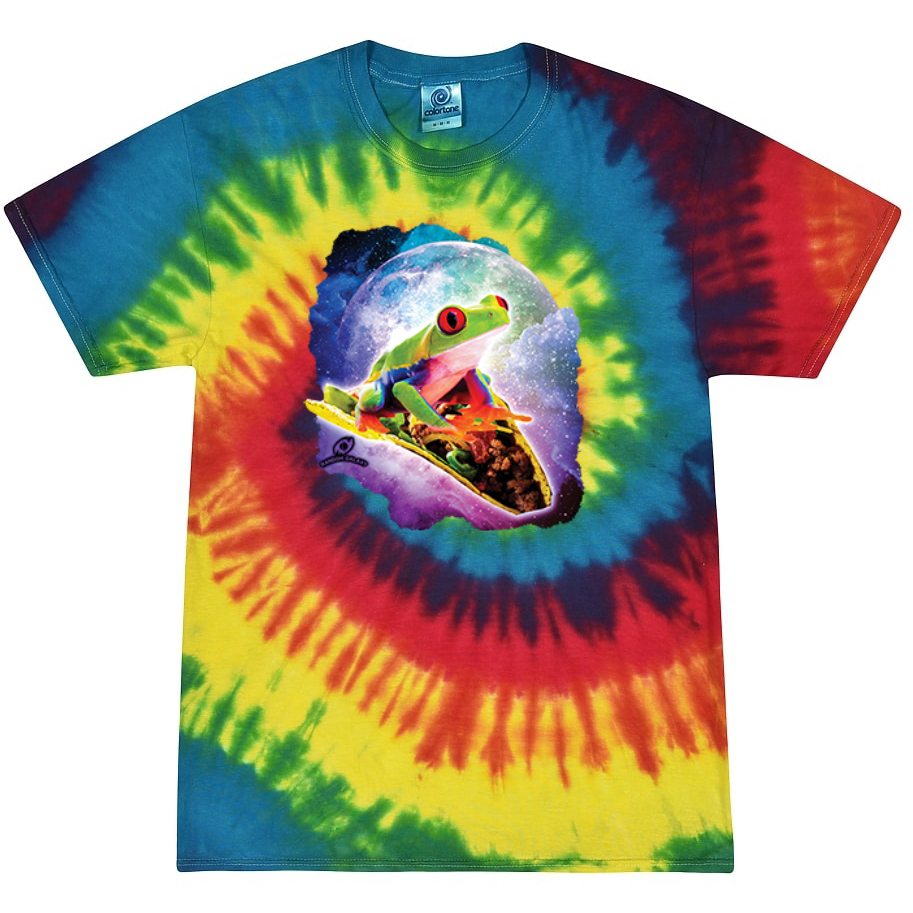 Cosmic Red Tree Frog Riding Taco Tie-Dye T-Shirt