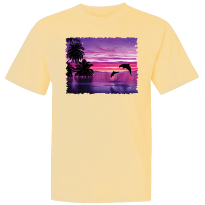 Dolphins During Sunset Garment-Dyed Washed Look Short Sleeve T-Shirt