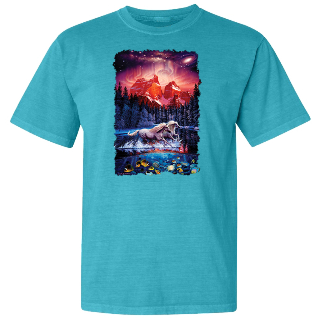 Colorful Horses in the Forest  Garment-Dyed Washed Look Short Sleeve T-Shirt