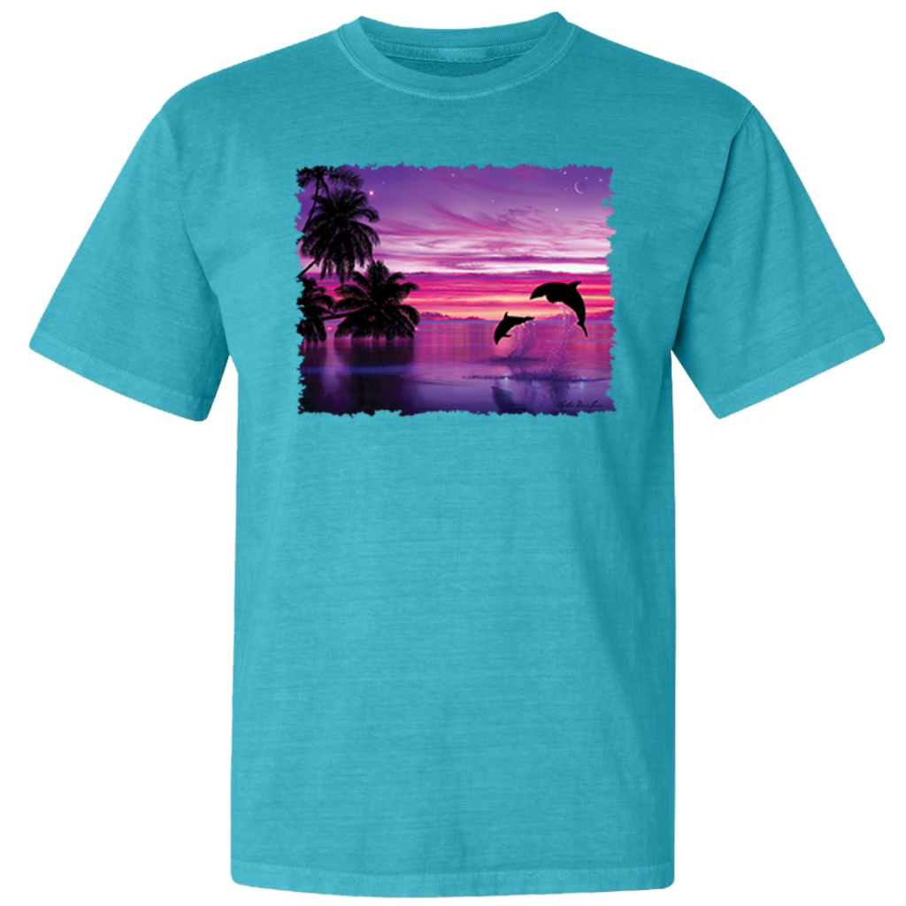 Dolphins During Sunset Garment-Dyed Washed Look Short Sleeve T-Shirt