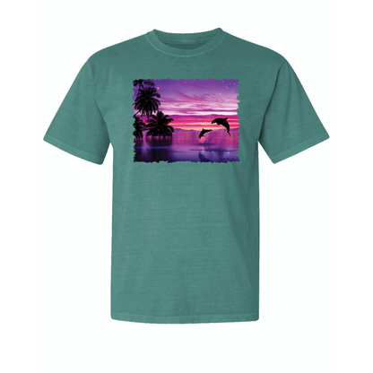 Dolphins During Sunset Garment-Dyed Washed Look Short Sleeve T-Shirt