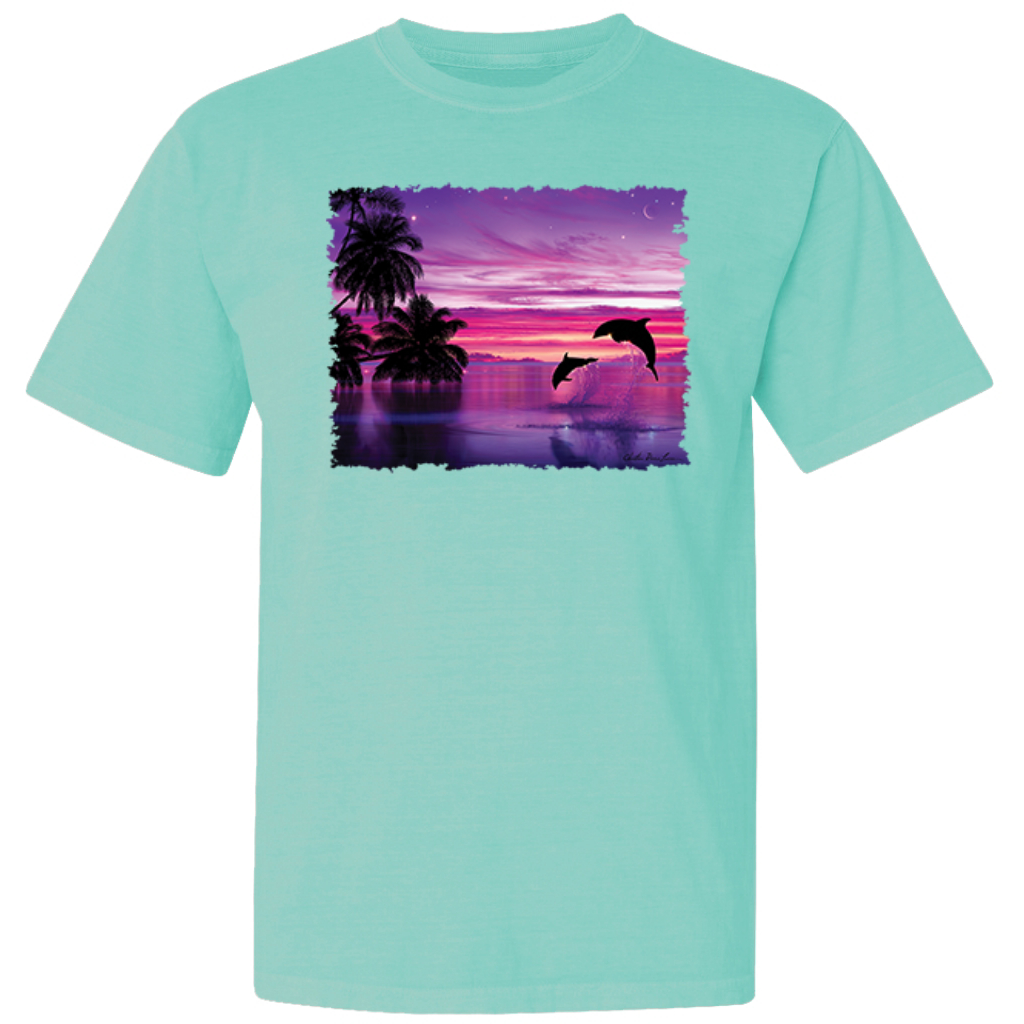 Dolphins During Sunset Garment-Dyed Washed Look Short Sleeve T-Shirt