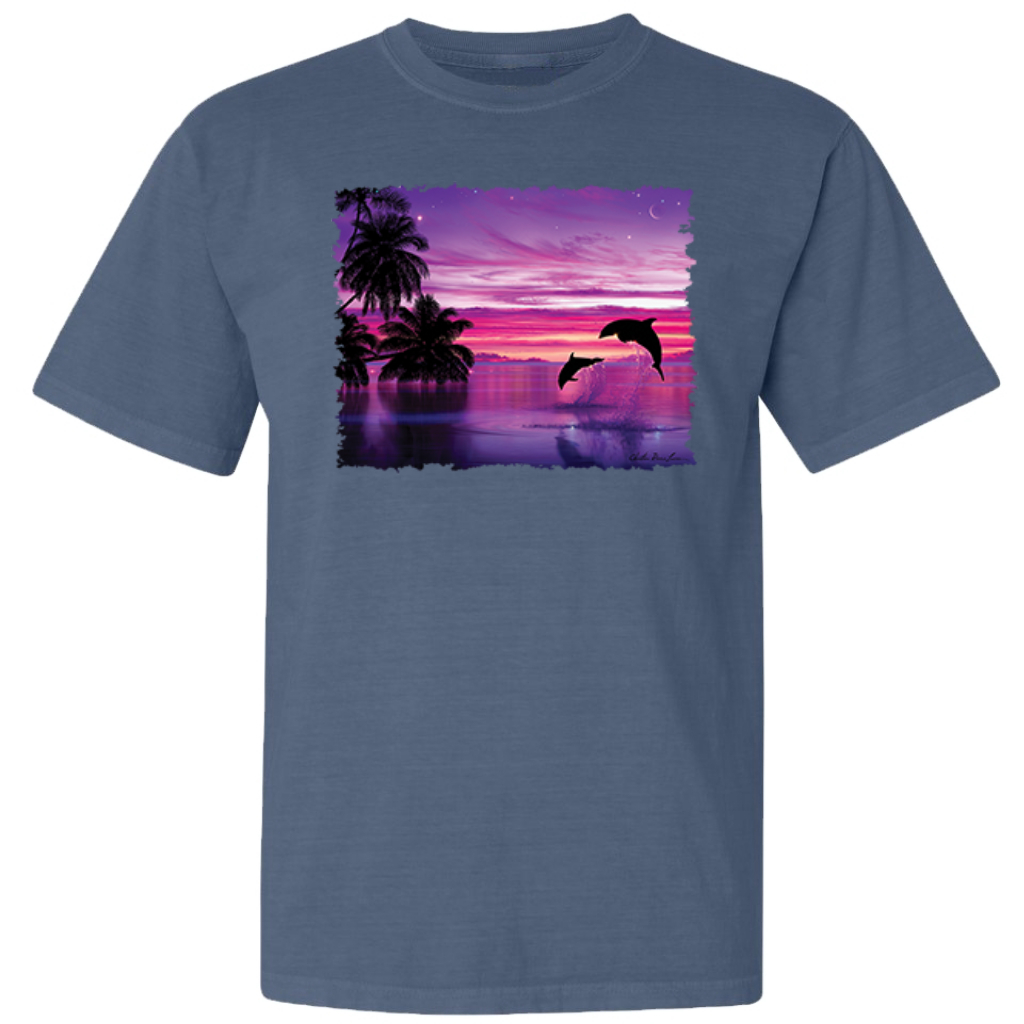 Dolphins During Sunset Garment-Dyed Washed Look Short Sleeve T-Shirt