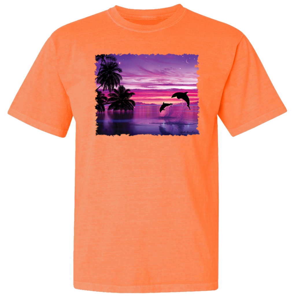 Dolphins During Sunset Garment-Dyed Washed Look Short Sleeve T-Shirt