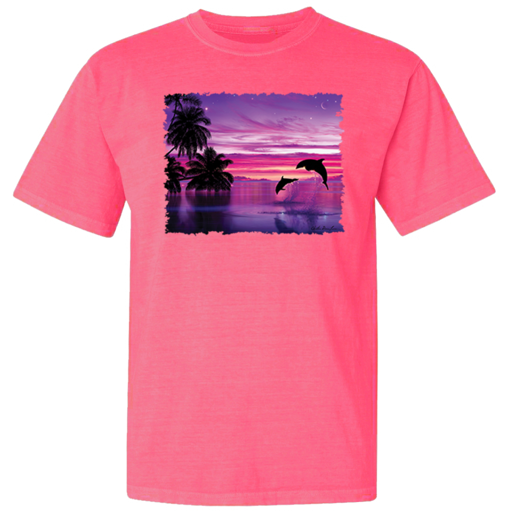 Dolphins During Sunset Garment-Dyed Washed Look Short Sleeve T-Shirt