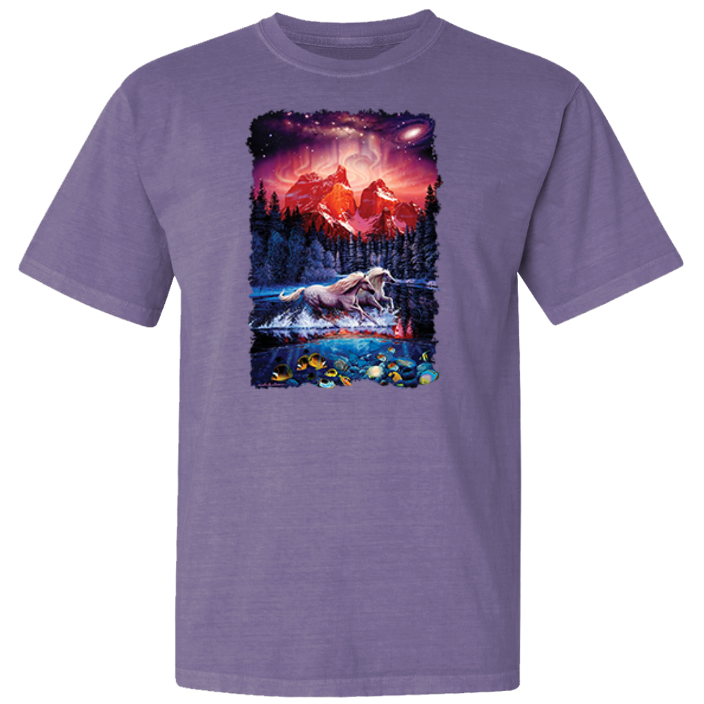 Colorful Horses in the Forest  Garment-Dyed Washed Look Short Sleeve T-Shirt