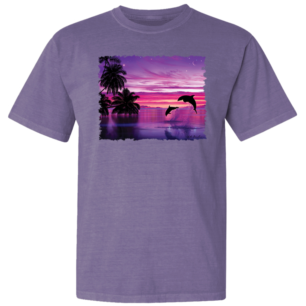 Dolphins During Sunset Garment-Dyed Washed Look Short Sleeve T-Shirt