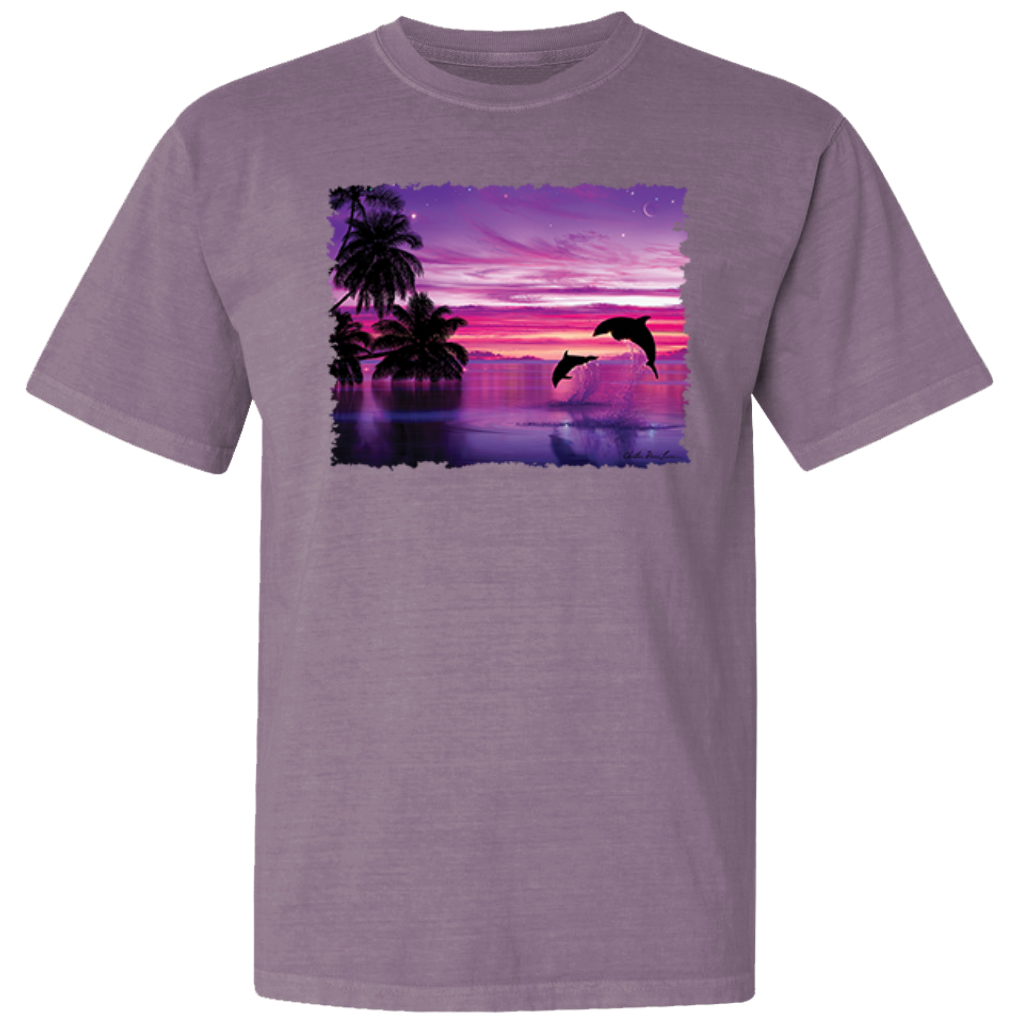 Dolphins During Sunset Garment-Dyed Washed Look Short Sleeve T-Shirt