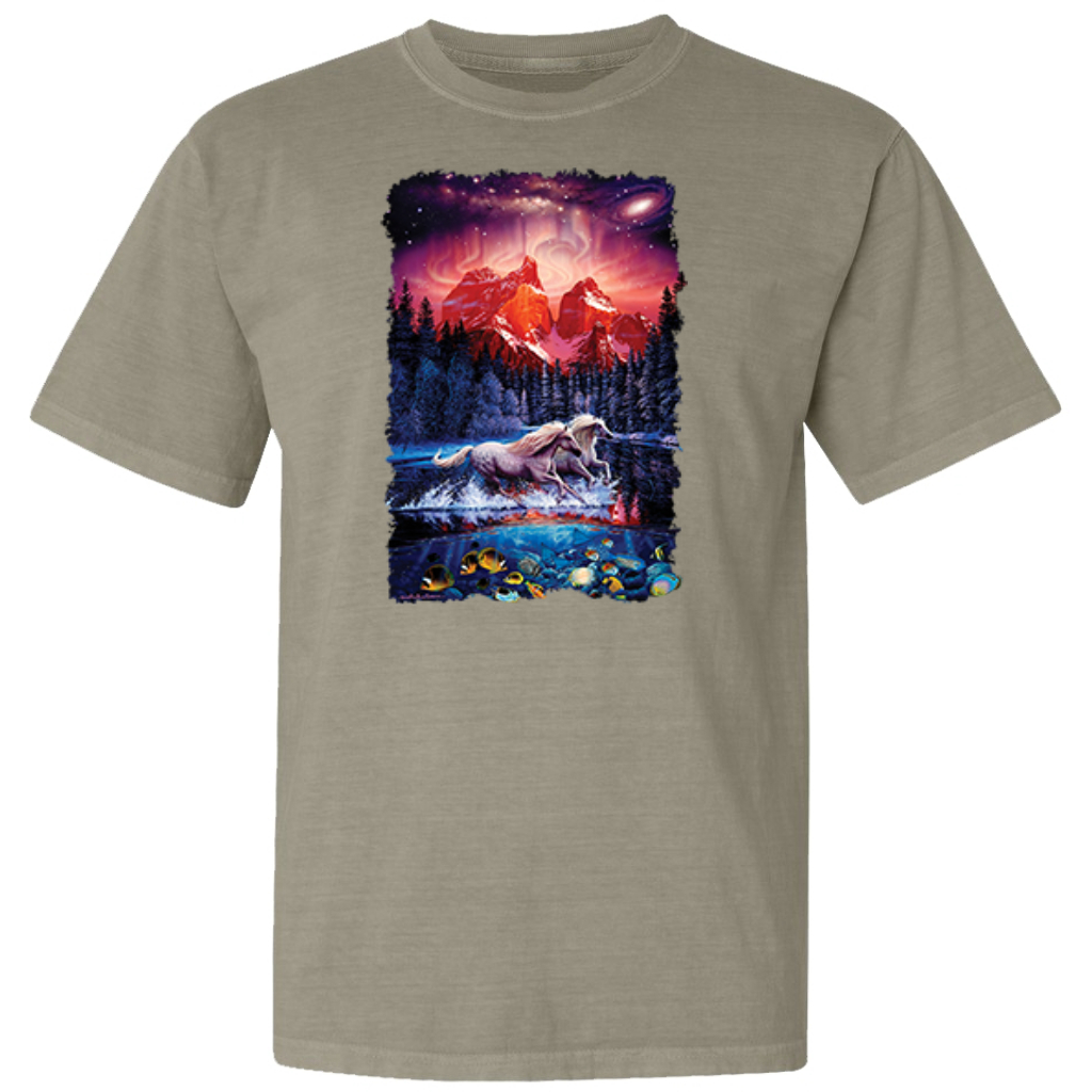 Colorful Horses in the Forest  Garment-Dyed Washed Look Short Sleeve T-Shirt