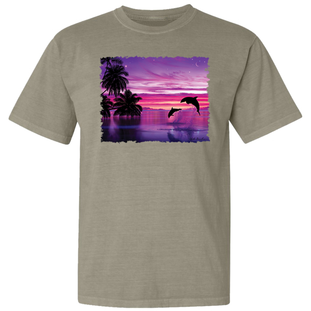 Dolphins During Sunset Garment-Dyed Washed Look Short Sleeve T-Shirt