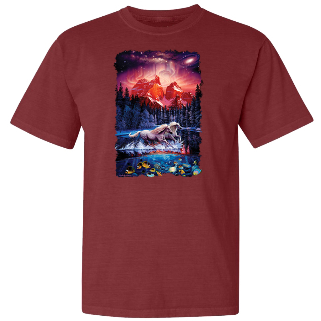 Colorful Horses in the Forest  Garment-Dyed Washed Look Short Sleeve T-Shirt