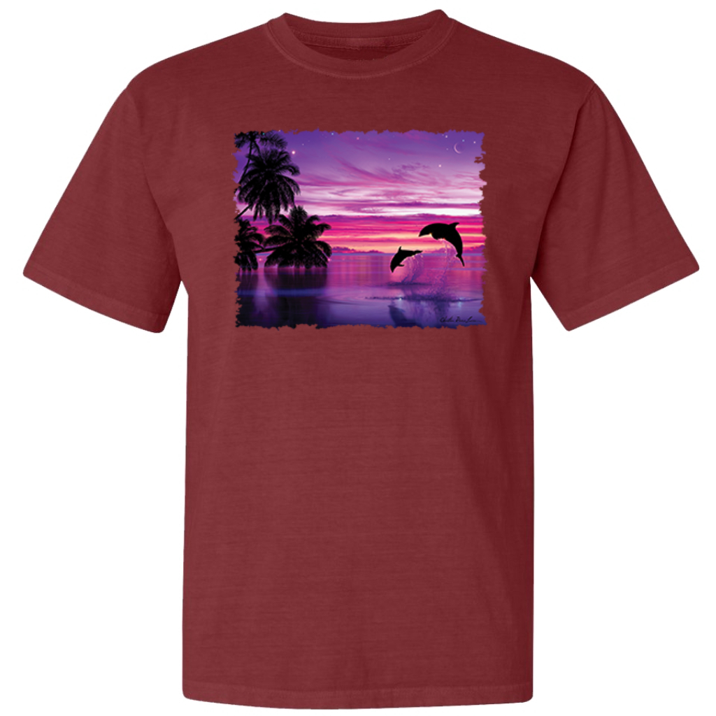 Dolphins During Sunset Garment-Dyed Washed Look Short Sleeve T-Shirt