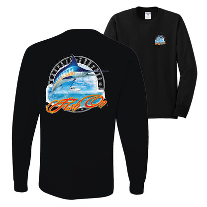 Fish On Blue Marlin Fishing Front & Back Fishing Mens Long Sleeve Shirt