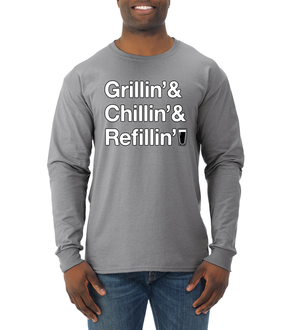 Grillin Chillin and Refillin Funny BBQ Beer Drinking Mens Long Sleeve Shirt